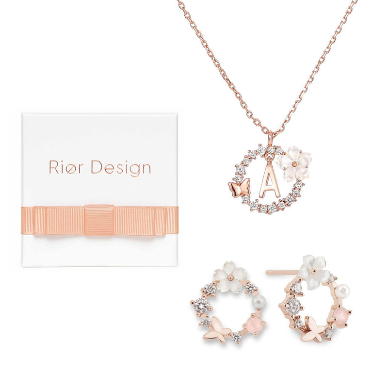 Letter Necklace, Flower Earrings Bundle