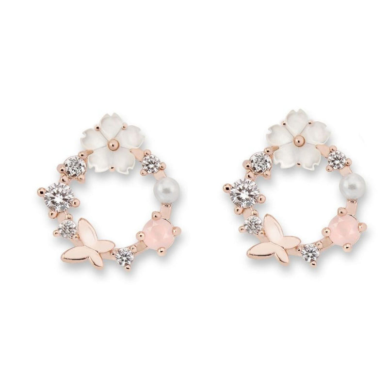 White Spring Flower Earrings Rose Gold