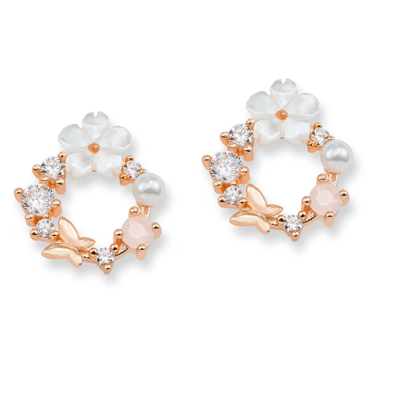 White Spring Flower Earrings Rose Gold