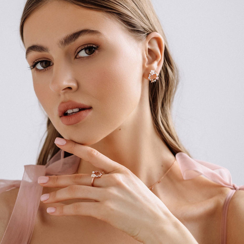 White Spring Flower Earrings Rose Gold