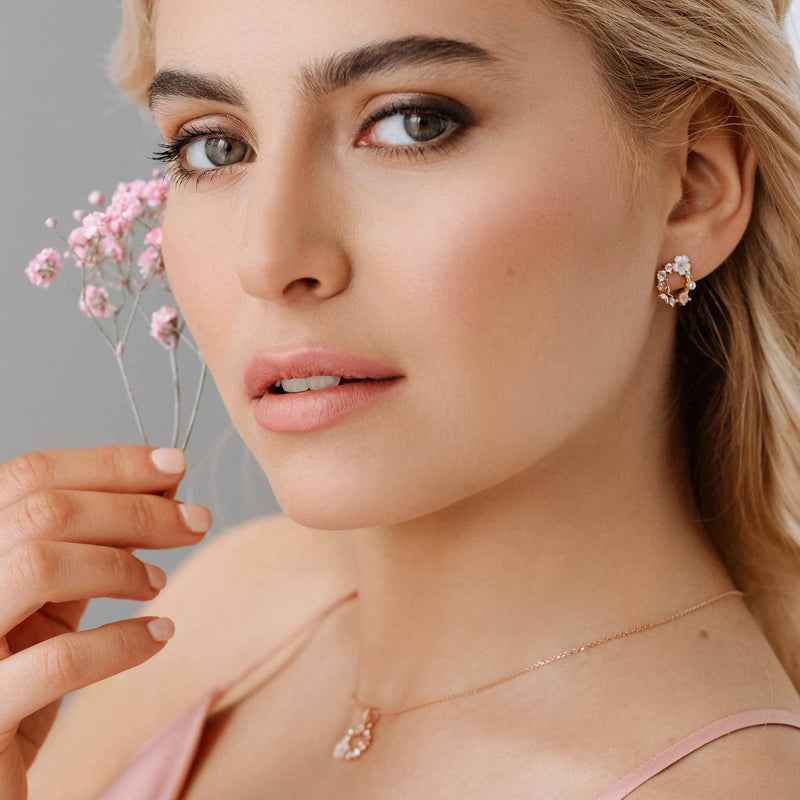 White Spring Flower Earrings Rose Gold