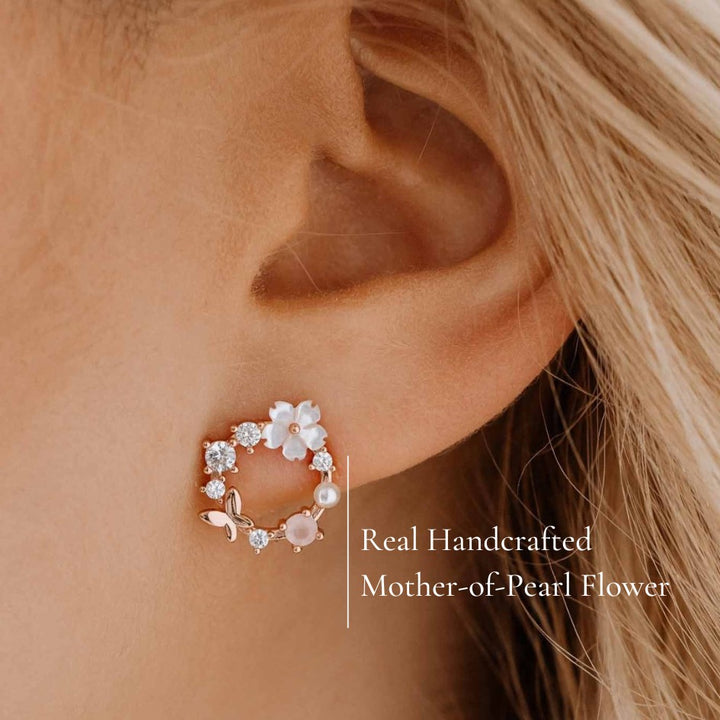 White Spring Flower Earrings Rose Gold