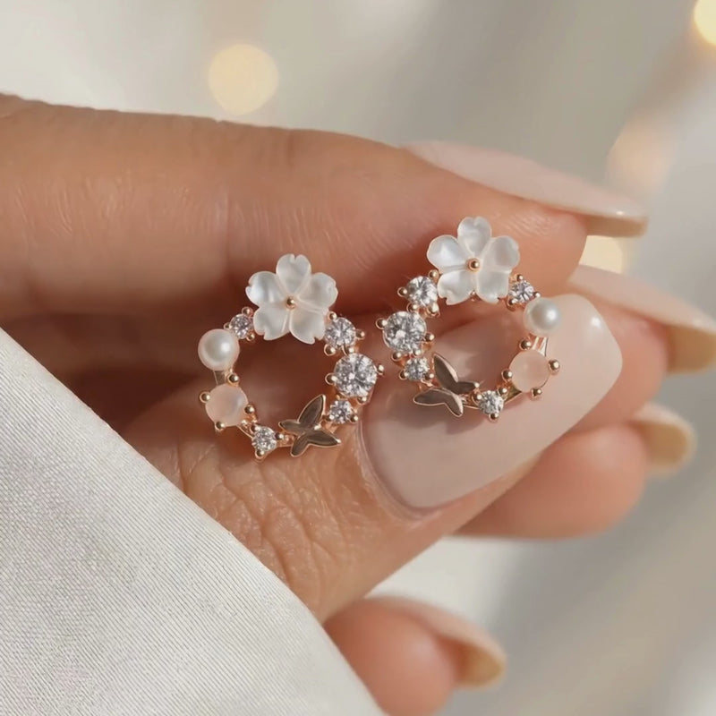 White Spring Flower Earrings Rose Gold